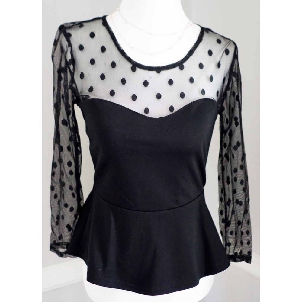 Black Mesh Polka Dot Fairy Peplum Top